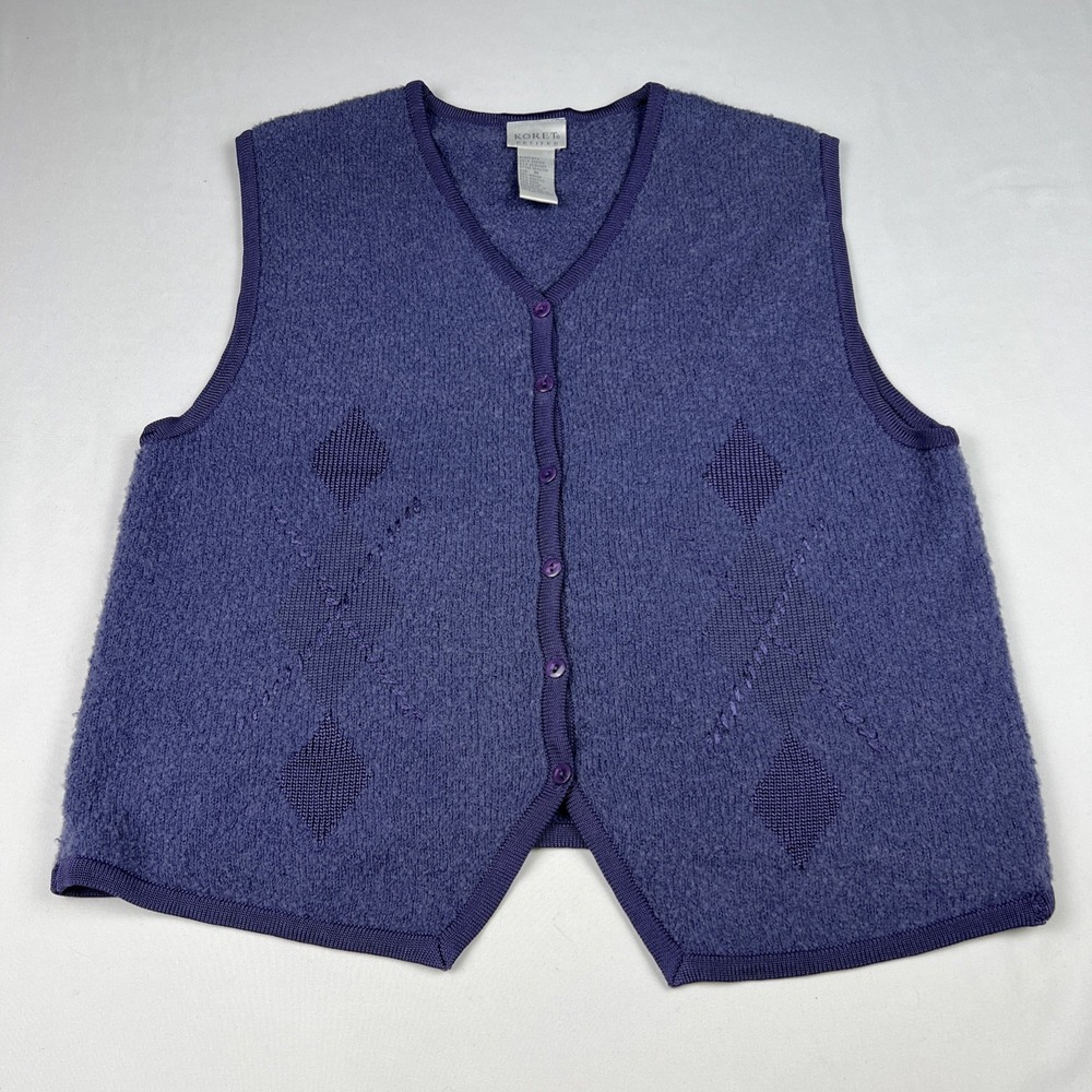 Koret Petites Purple Knit Sweater Vest Argyle Pattern Button Front Size M V-Neck